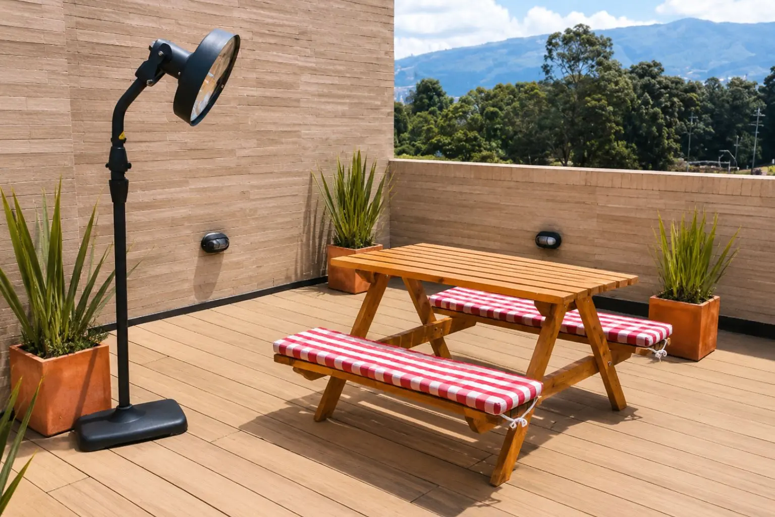 mesa de picnic con cojines en alquiler
